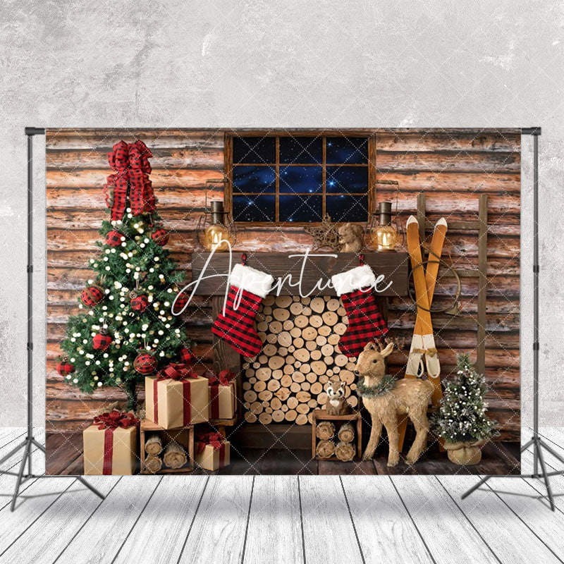 Aperturee - Aperturee Cabin Wood Window Stack Elk Tree Christmas Backdrop