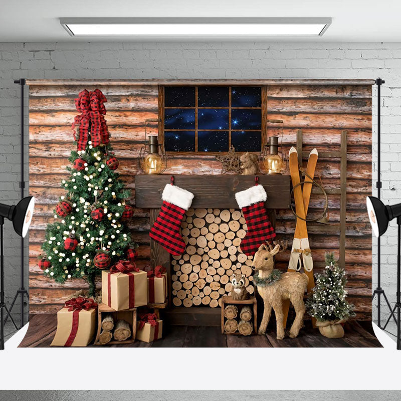 Aperturee - Aperturee Cabin Wood Window Stack Elk Tree Christmas Backdrop