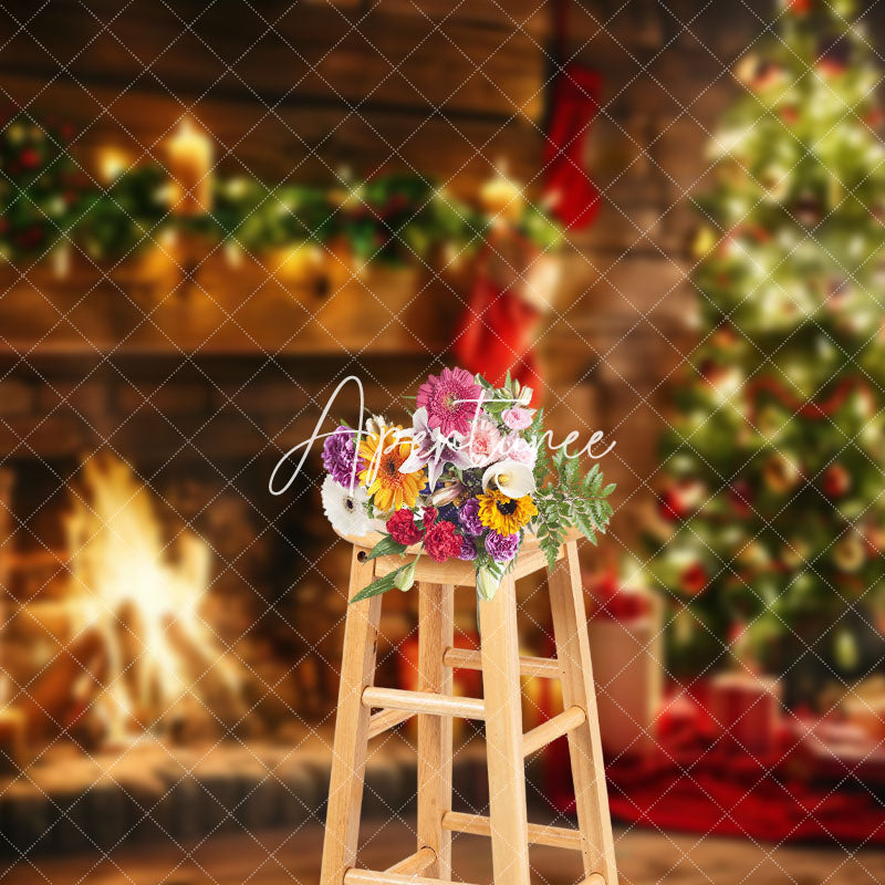 Aperturee - Aperturee Candlelit Brick Fireplace Socks Christmas Backdrop