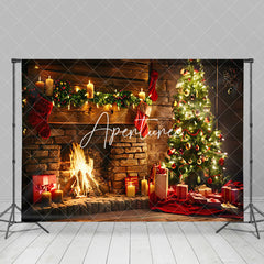 Aperturee - Aperturee Candlelit Brick Fireplace Socks Christmas Backdrop