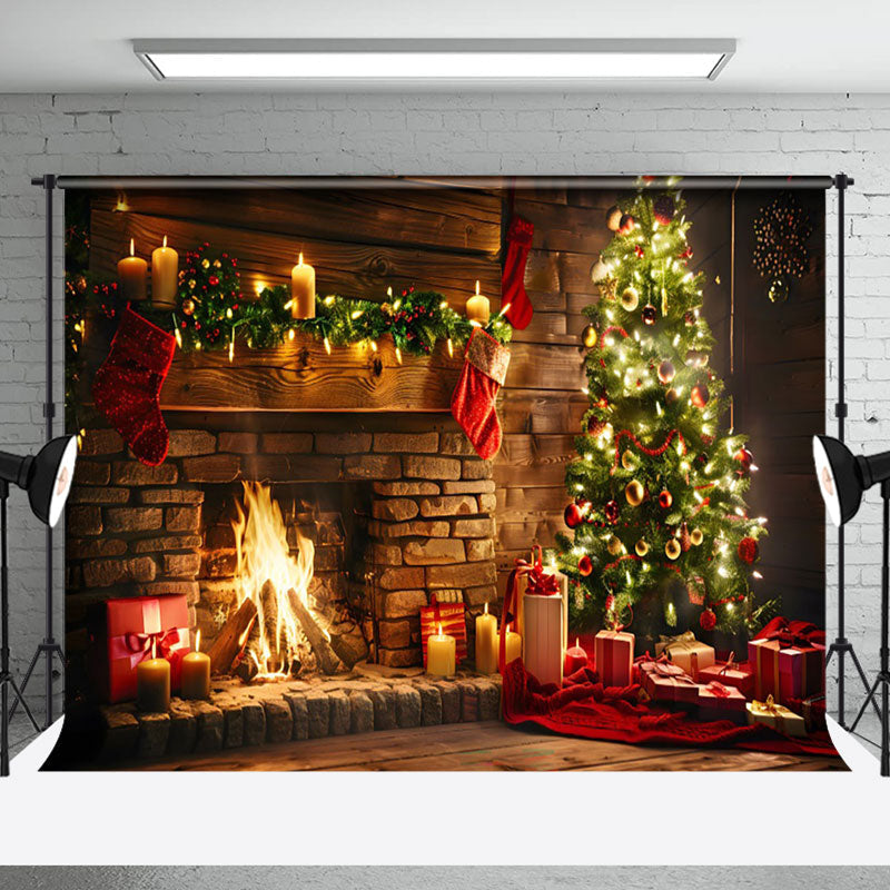 Aperturee - Aperturee Candlelit Brick Fireplace Socks Christmas Backdrop