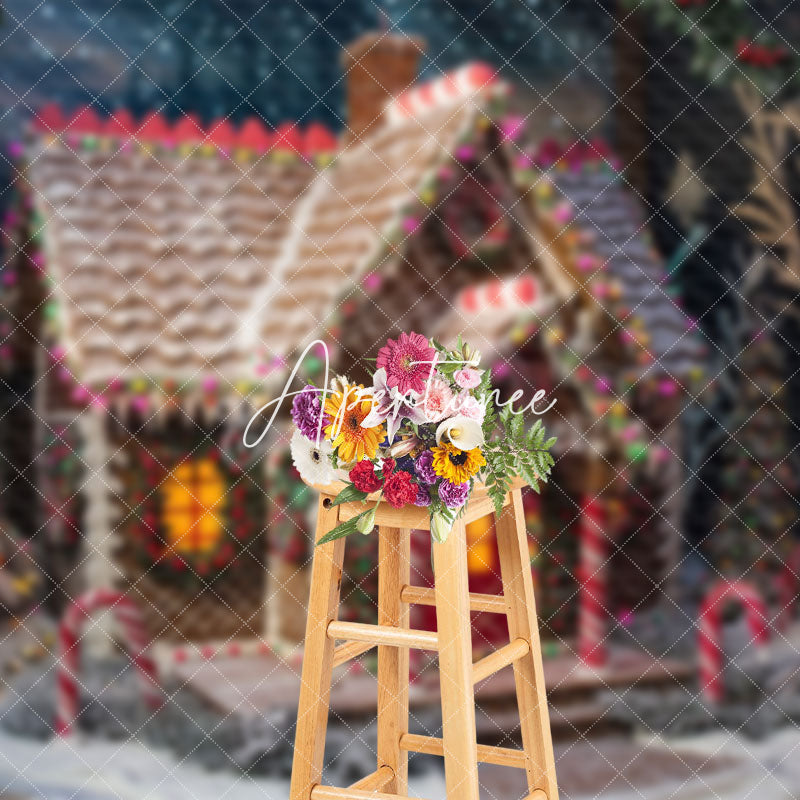 Aperturee - Aperturee Candy Cane Gingerbread House Christmas Backdrop