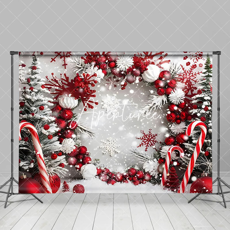 Aperturee - Aperturee Candy Cane Snowflakes Christmas Photography Backdrop