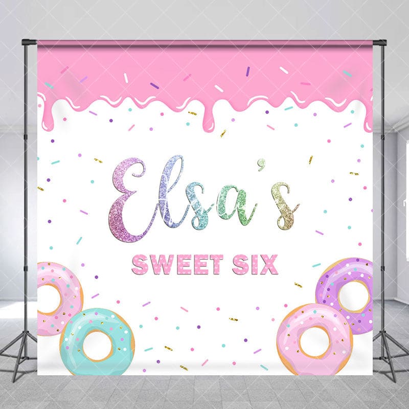 Aperturee - Aperturee Candy Donuts Custom Name Sweet Six Birthday Backdrop