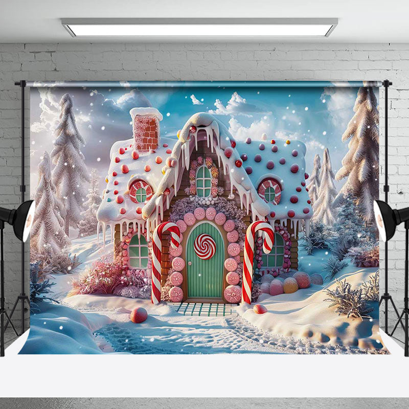 Aperturee - Aperturee Candy Gingerbread House Snowy Forest Photo Backdrop