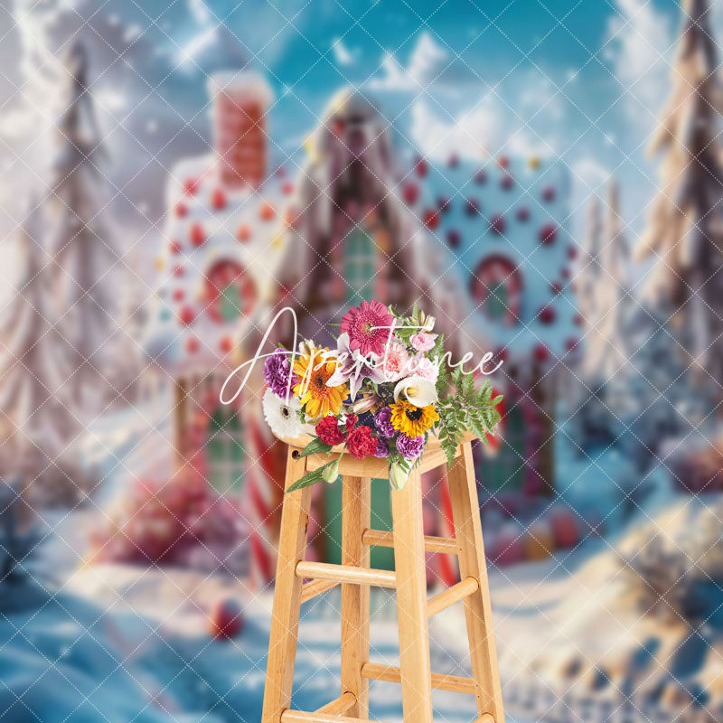 Aperturee - Aperturee Candy Gingerbread House Snowy Forest Photo Backdrop