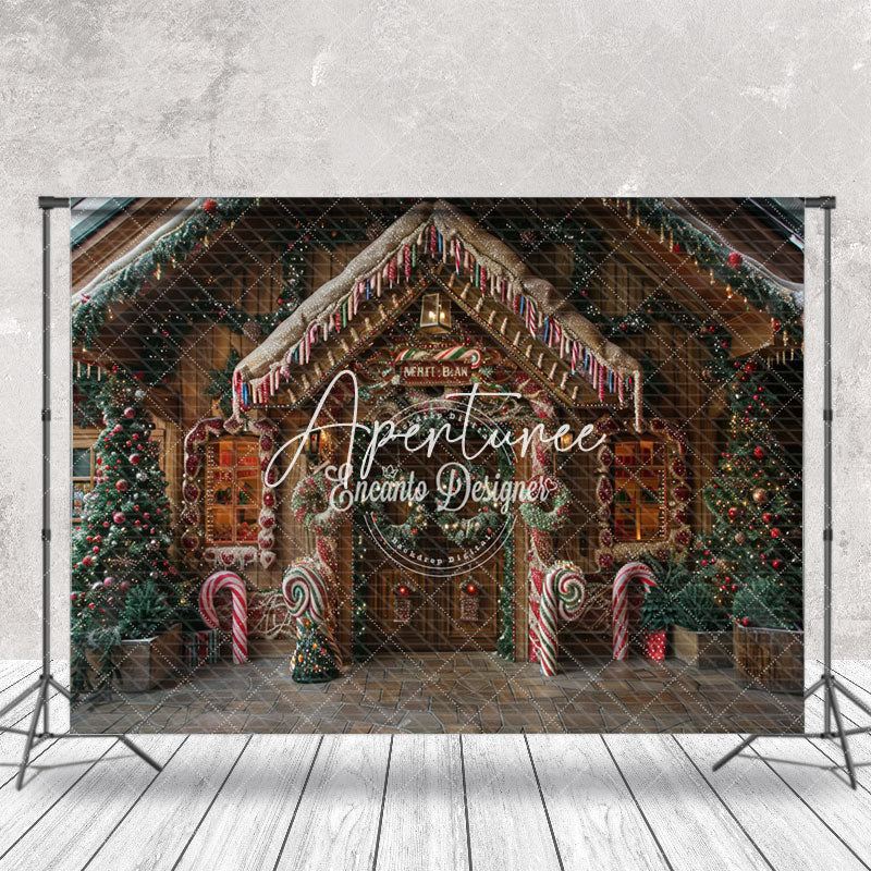 Aperturee - Aperturee Candy Wooden House Pine Leaves Christmas Backdrop