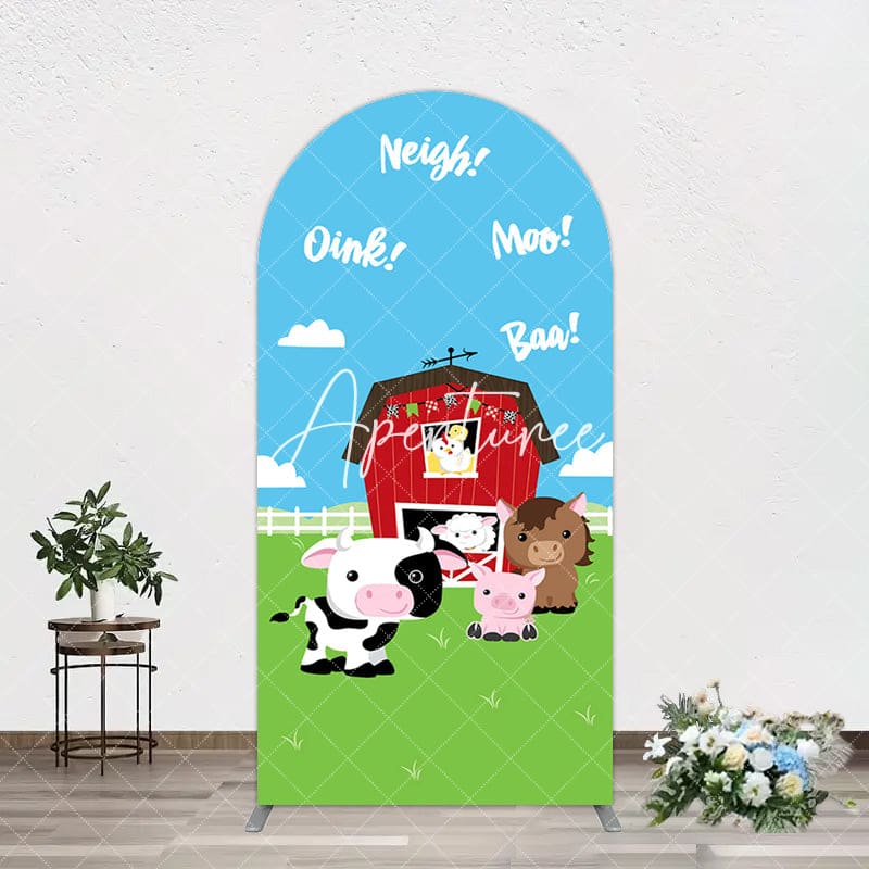 Aperturee - Aperturee Cartoon Blue Sky Cloud Animal Farm Barn Arch Backdrop