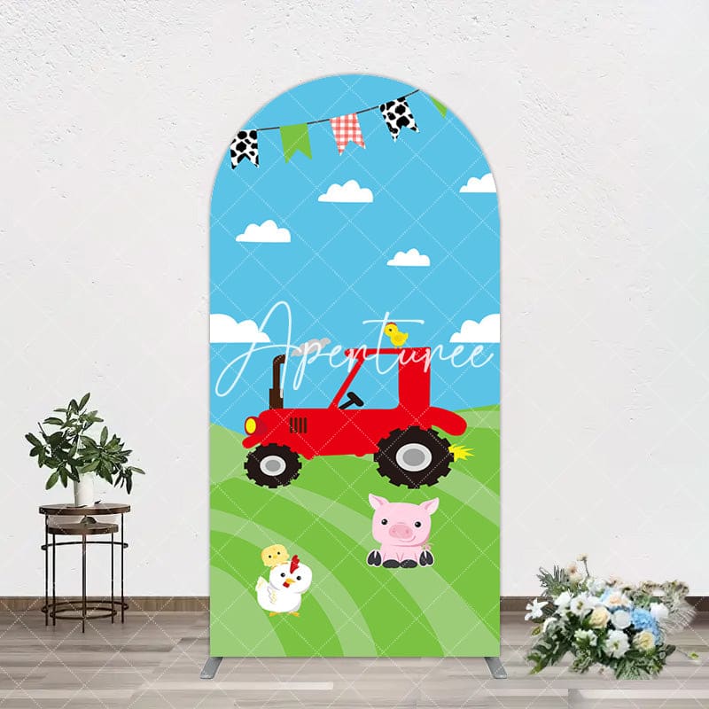 Aperturee - Aperturee Cartoon Blue Sky Cloud Animal Farm Barn Arch Backdrop