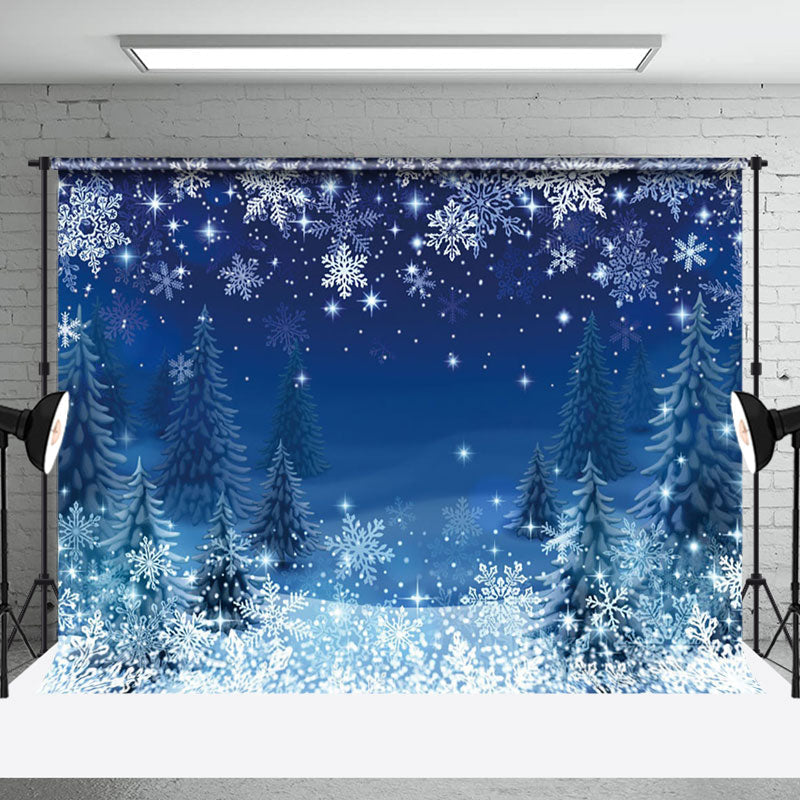 Aperturee - Aperturee Cartoon Blue Snowy Pine Tree Winter Photo Backdrop