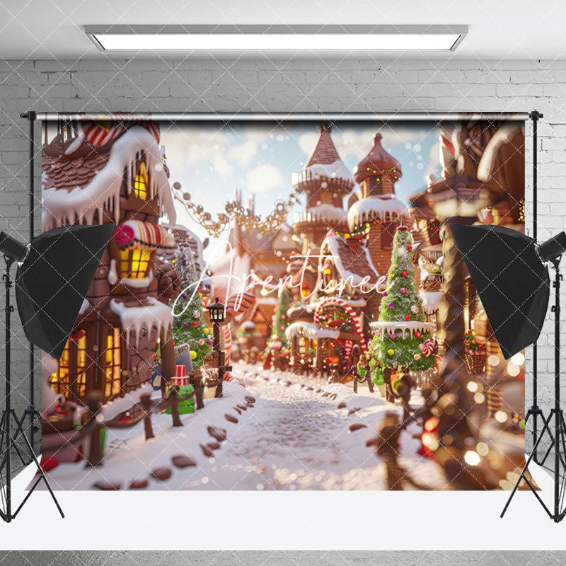 Aperturee - Aperturee Cartoon Festive Snowy Town Merry Christmas Backdrop