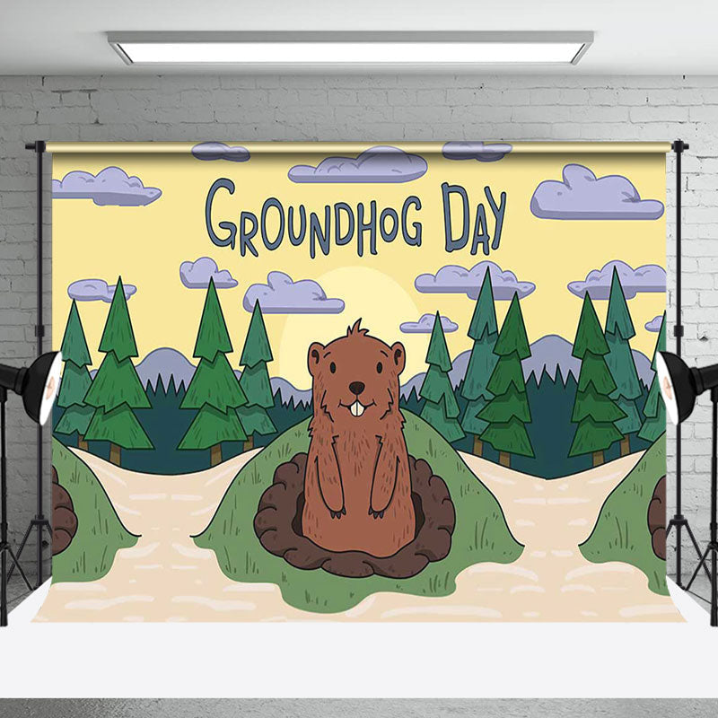 Aperturee - Aperturee Cartoon Forest Clouds Happy Groundhog Day Backdrop