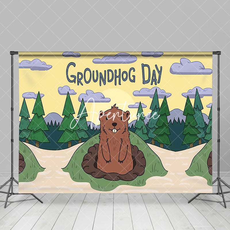 Aperturee - Aperturee Cartoon Forest Clouds Happy Groundhog Day Backdrop