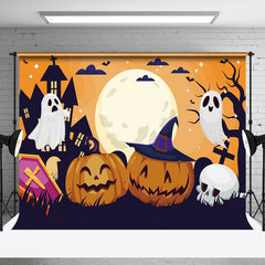 Aperturee - Aperturee Cartoon Ghosts Pumpkins Full Moon Halloween Backdrop