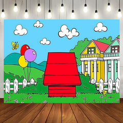 Aperturee - Aperturee Cartoon Green Grass Red House Birthday Backdrop