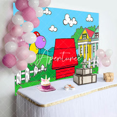 Aperturee - Aperturee Cartoon Green Grass Red House Birthday Backdrop