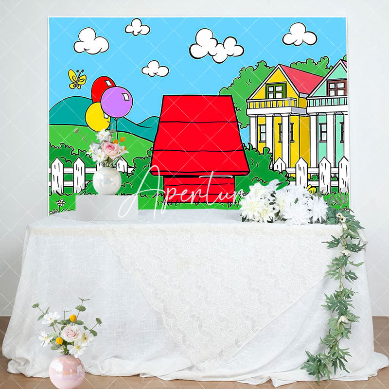 Aperturee - Aperturee Cartoon Green Grass Red House Birthday Backdrop