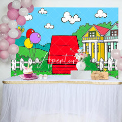 Aperturee - Aperturee Cartoon Green Grass Red House Birthday Backdrop