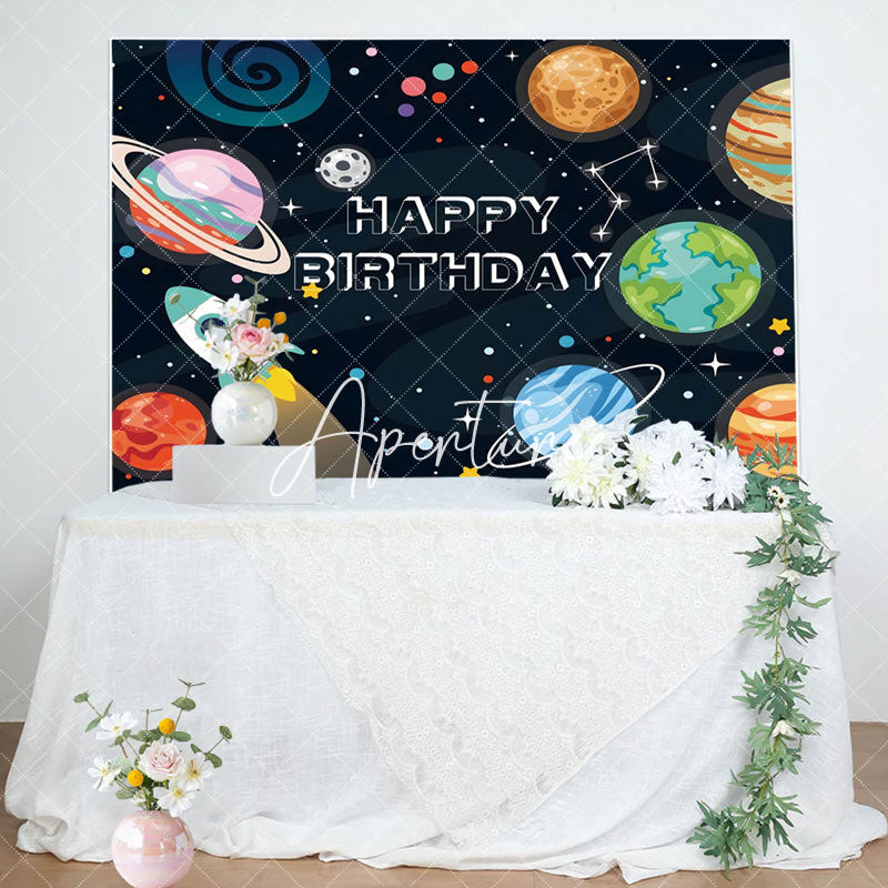 Aperturee - Aperturee Cartoon Planet Rocket Space Boy Birthday Backdrop