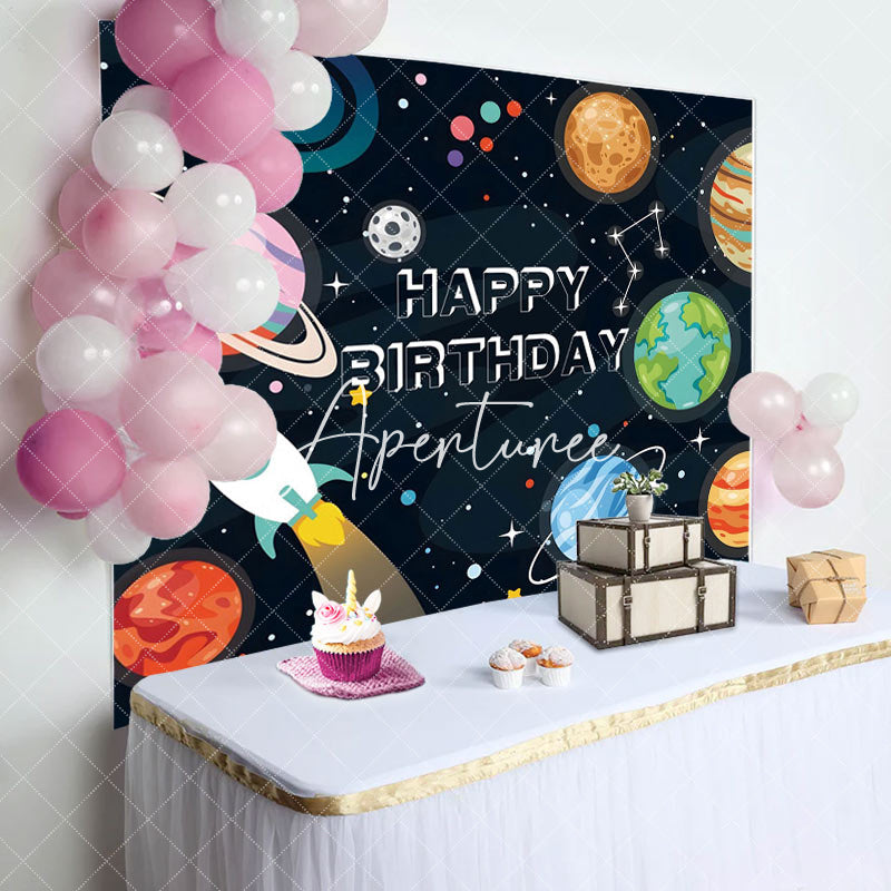 Aperturee - Aperturee Cartoon Planet Rocket Space Boy Birthday Backdrop