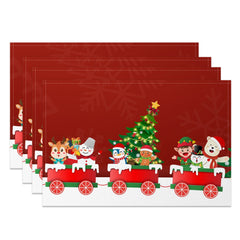 Aperturee - Aperturee Cartoon Red Christmas Train Snow Set Of 4 Placemats