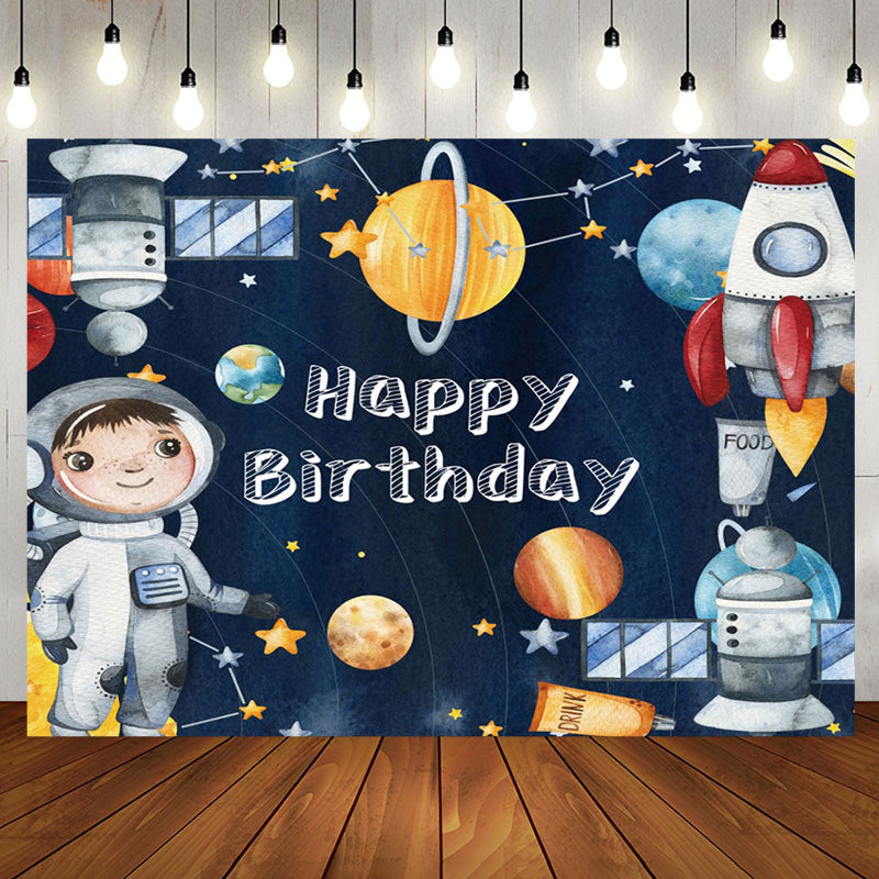 Aperturee - Aperturee Cartoon Space Cosmonaut Rocket Birthday Backdrop