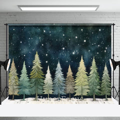 Aperturee - Aperturee Cartoon Starry Night Sky Forest Christmas Backdrop