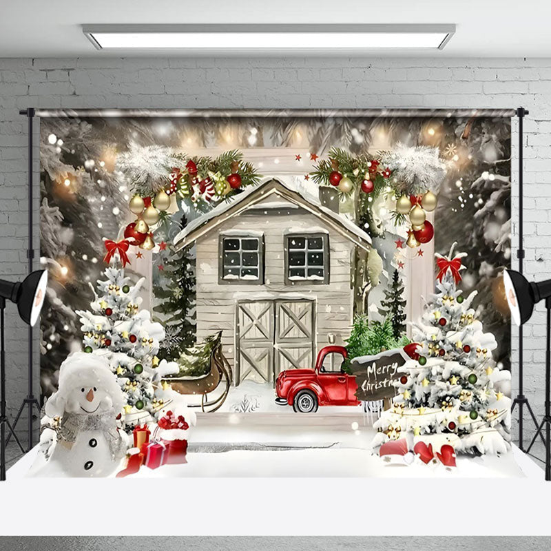 Aperturee - Aperturee Cartoon Wooden House Snowman Merry Christmas Backdrop