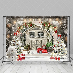 Aperturee - Aperturee Cartoon Wooden House Snowman Merry Christmas Backdrop