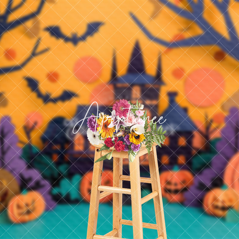 Aperturee - Aperturee Castle Bats Pumpkins Trees Halloween Photo Backdrop