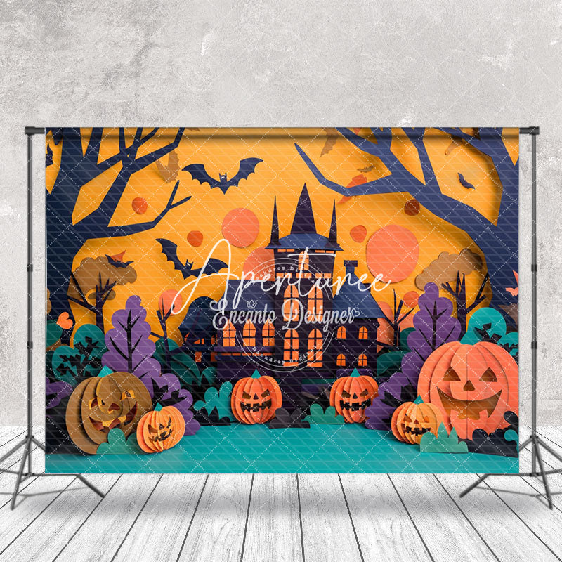 Aperturee - Aperturee Castle Bats Pumpkins Trees Halloween Photo Backdrop