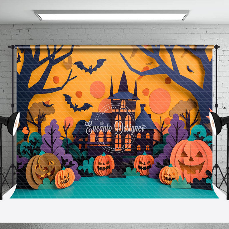 Aperturee - Aperturee Castle Bats Pumpkins Trees Halloween Photo Backdrop