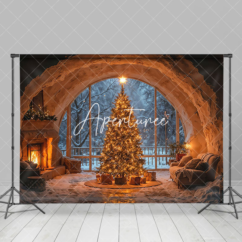 Aperturee - Aperturee Cave Style Fireplace Window Light Xmas Tree Backdrop