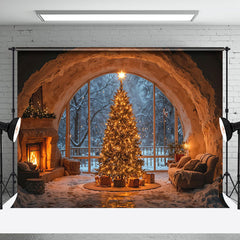 Aperturee - Aperturee Cave Style Fireplace Window Light Xmas Tree Backdrop