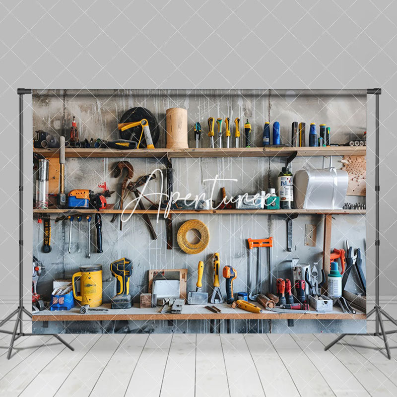 Aperturee - Aperturee Cement Wall Auto Repair Tools Shelf Photo Backdrop