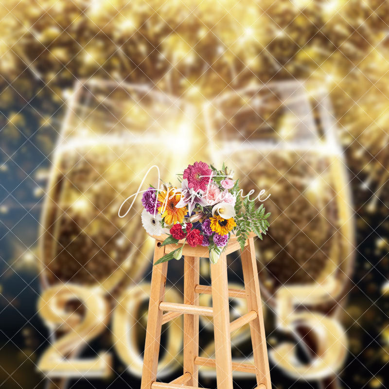 Aperturee - Aperturee Champagne Glass Golden Sparkle 2025 New Year Backdrop