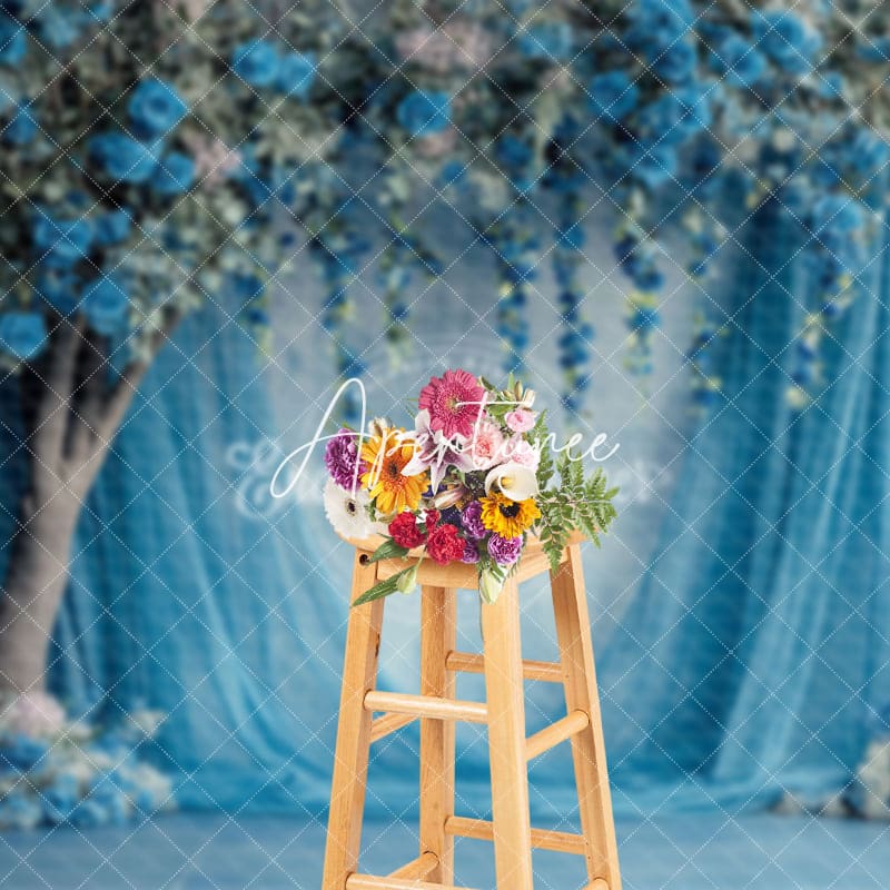 Aperturee - Aperturee Charming Blue Curtain Floral Wedding Photo Backdrop