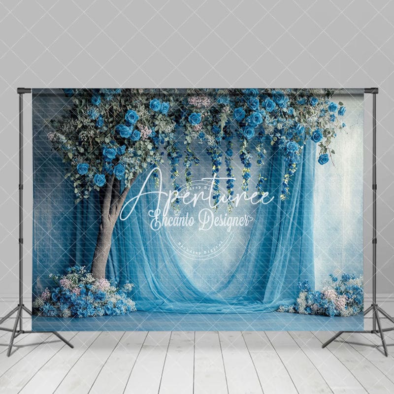 Aperturee - Aperturee Charming Blue Curtain Floral Wedding Photo Backdrop