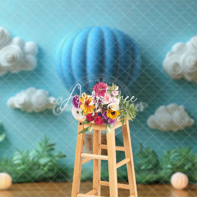 Aperturee - Aperturee Charming Blue Hot Air Balloon Birthday Backdrop