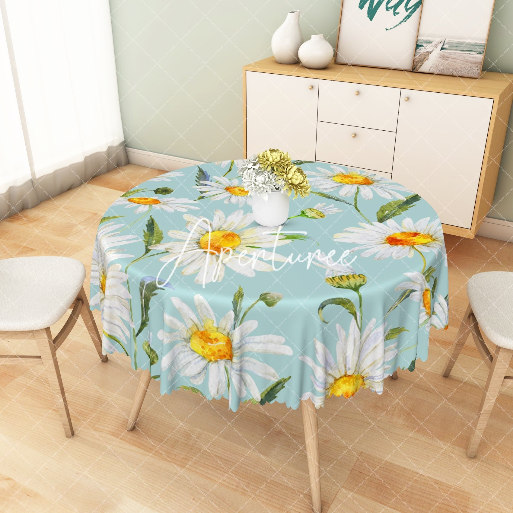 Aperturee - Aperturee Charming Daisy Pattern White Petals Blue Tablecloth