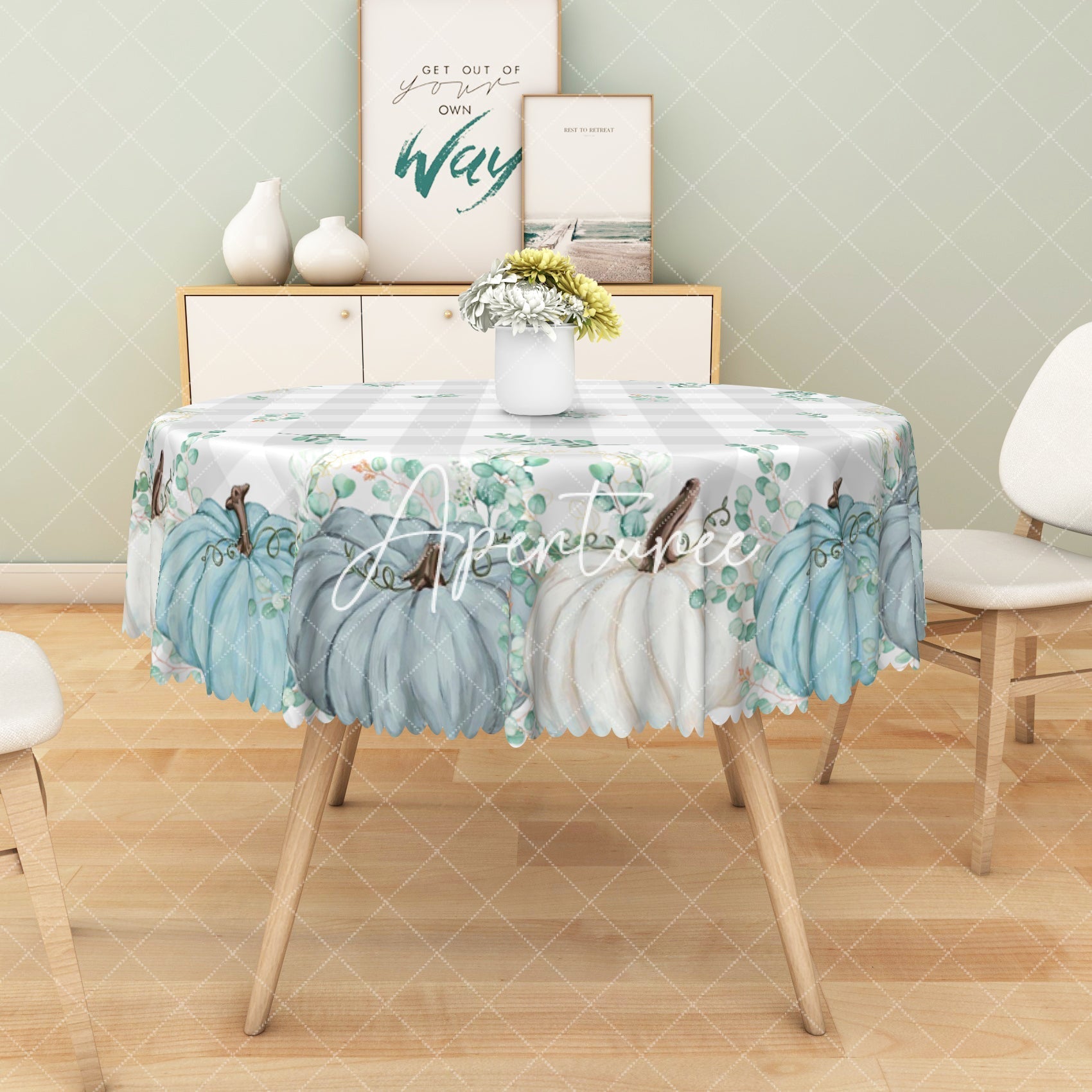 Aperturee - Aperturee Charming Watercolor Pumpkin Green Leaves Tablecloth