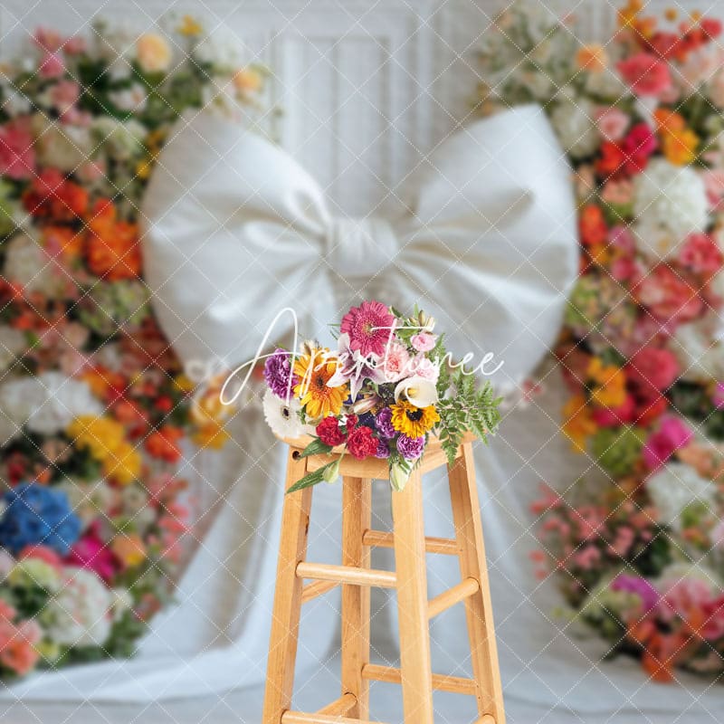 Aperturee - Aperturee Charming White Bow Color Floral Wedding Backdrop