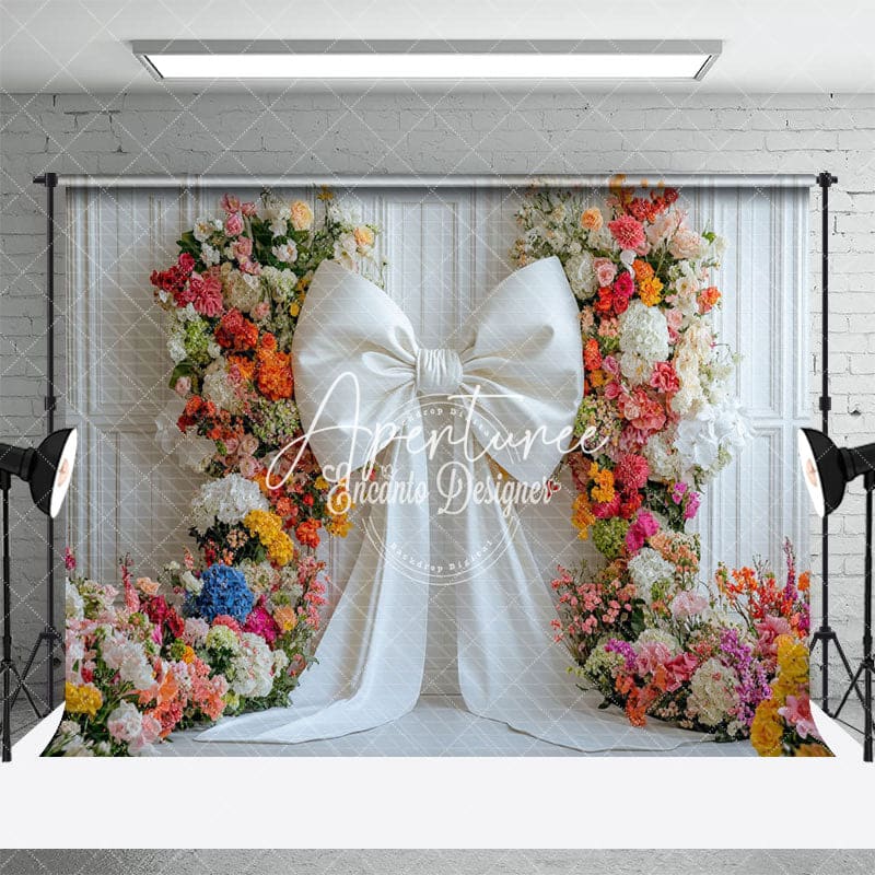 Aperturee - Aperturee Charming White Bow Color Floral Wedding Backdrop