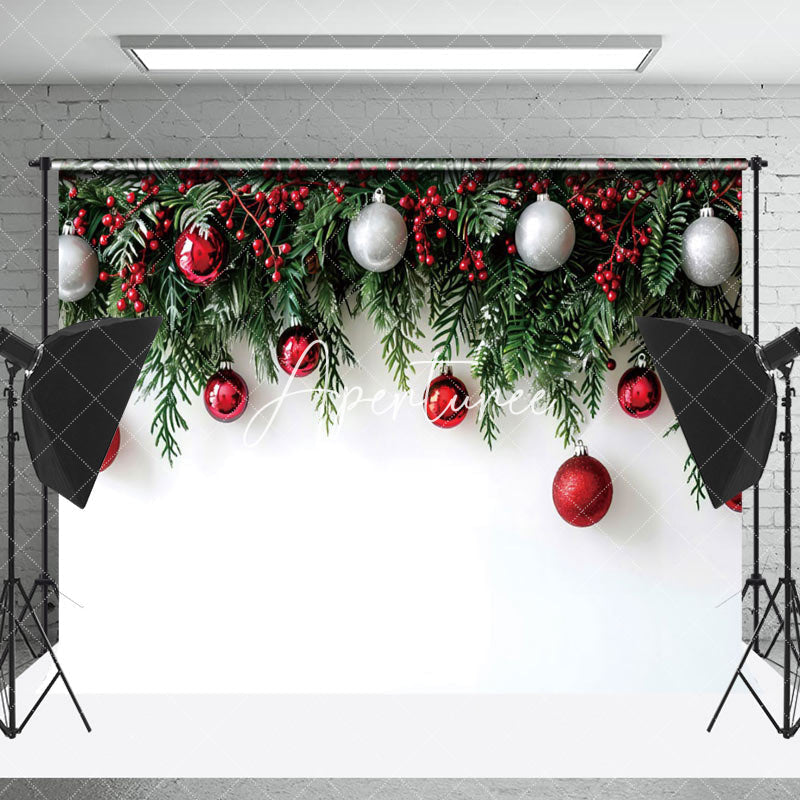 Aperturee - Aperturee Cherry Pine Leaves White Wall Christmas Backdrop