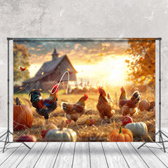 Aperturee - Aperturee Chickens Maple Leaves Pumpkin Autumn Farm Backdrop