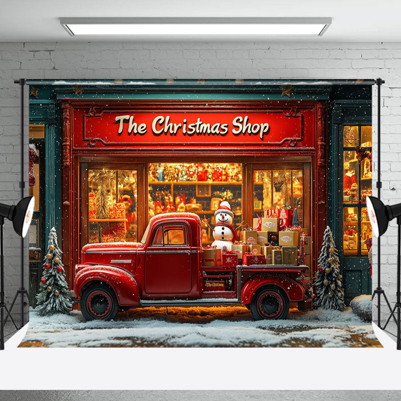 Aperturee - Aperturee Christmas Boutique Red Gift Truck Snowman Backdrop