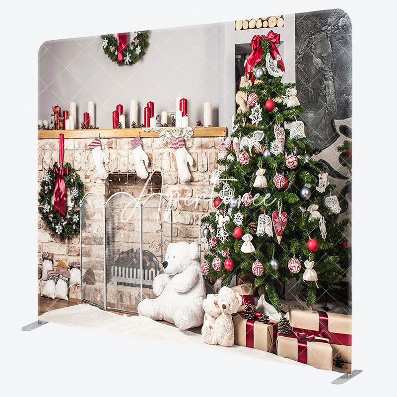 Aperturee - Aperturee Christmas Brick Fireplace Wreath Tension Fabric Backdrop