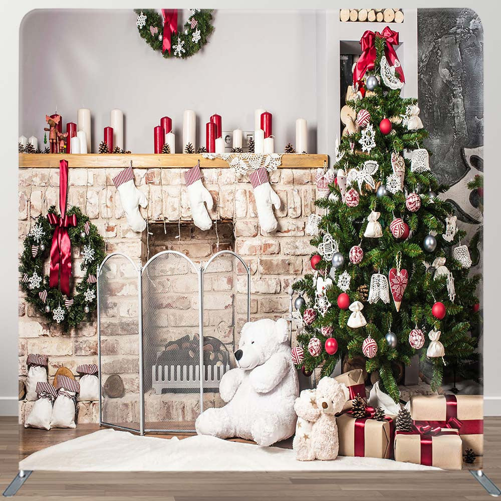 Aperturee - Aperturee Christmas Brick Fireplace Wreath Tension Fabric Backdrop