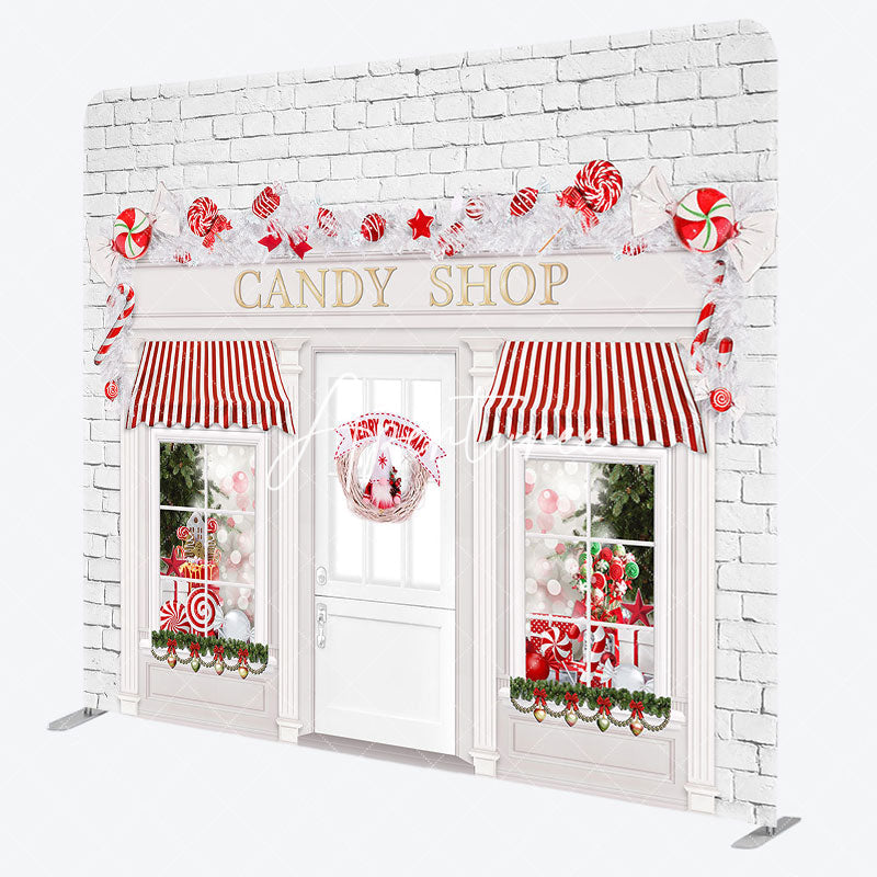 Aperturee - Aperturee Christmas Candy Shop White Tension Fabric Backdrop