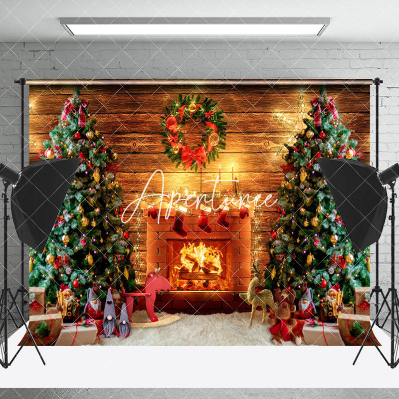 Aperturee - Aperturee Christmas Fireplace Wooden Wall Festive Backdrop